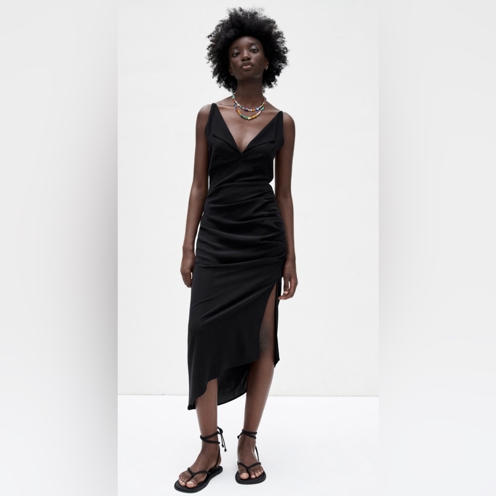 NWT ZARA Black Midi Dress with Open Back and Side Slit
